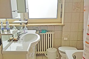 Bad mit Dusche, WC, Waschbecken, Spiegel und Fenster.